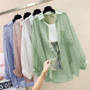 Summer Sunscreen Shirt Elegant Perspective Thin Chiffon Blouse Korean Harajuku